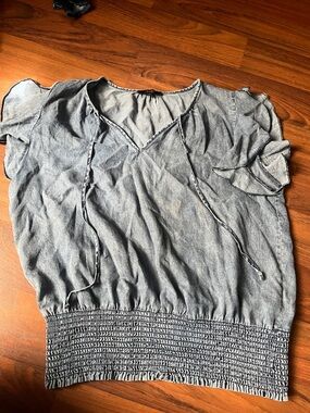 Washed Light Blue V-Neck Smocked-Hem Women's Tunic